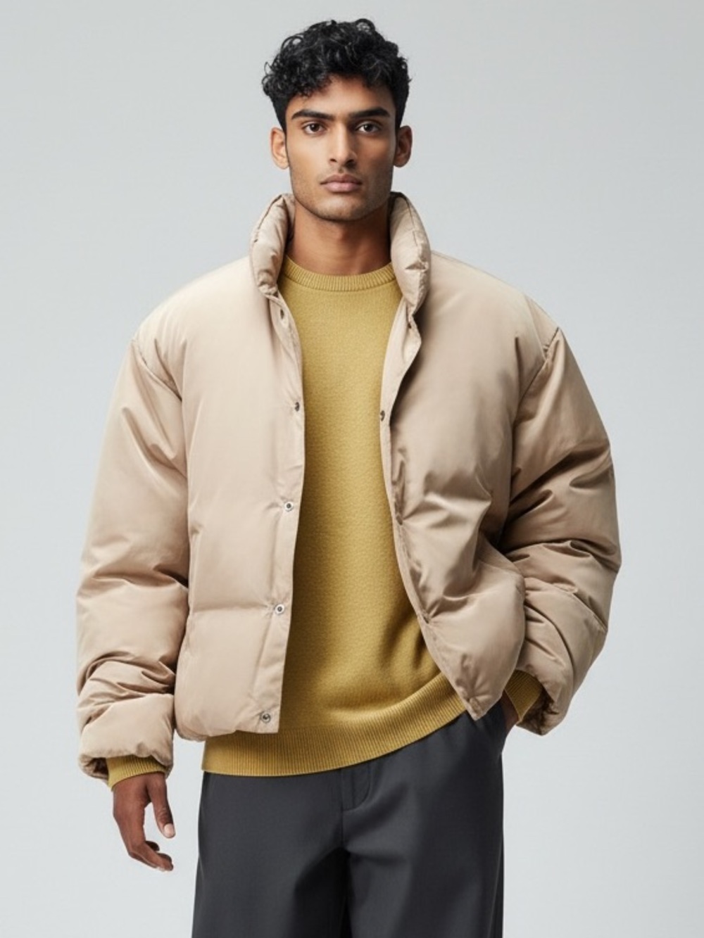 PacSun Men’s Oversized Cropped Puffer Jacket Taupe Beige Size M